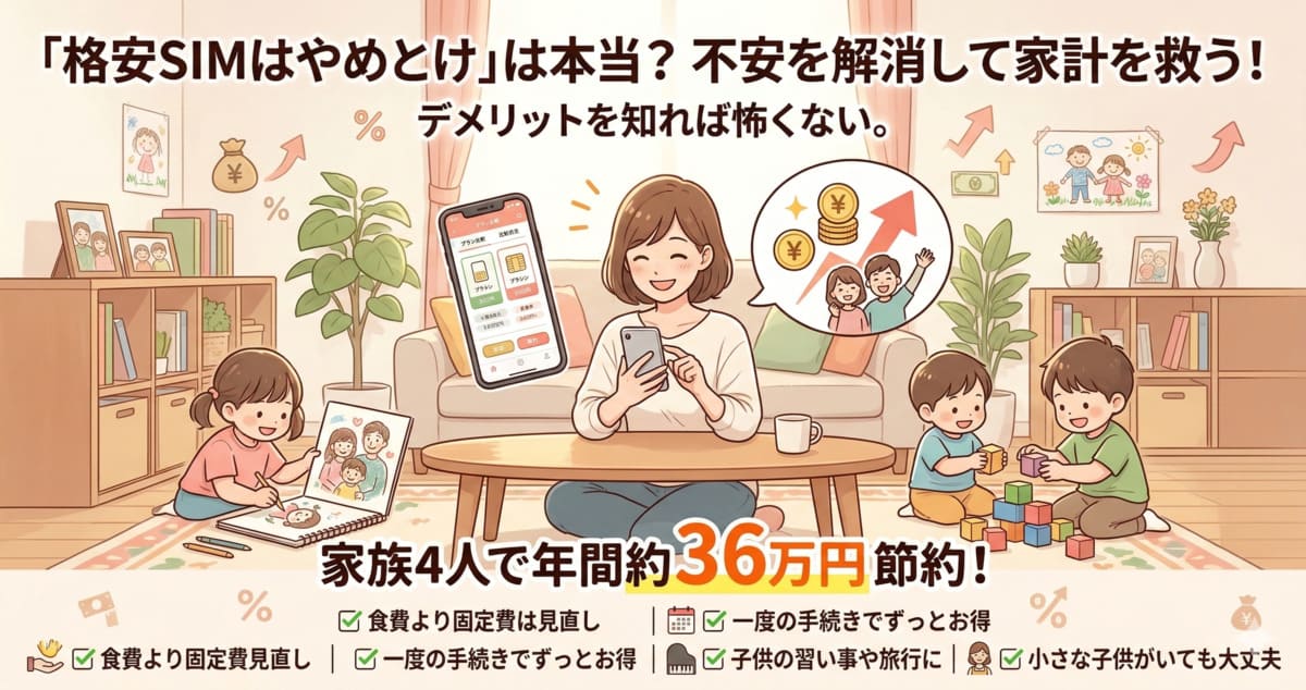 「格安SIMはやめとけ」は本当？デメリットと家族4人で年間36万円節約する乗り換え術